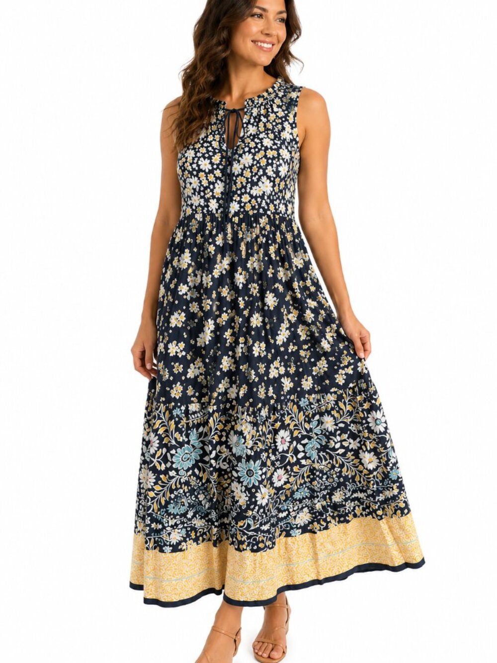 Kaktus Floral Border Print Rayon Maxi Dress Navy Yellow White Sleeveless Size S